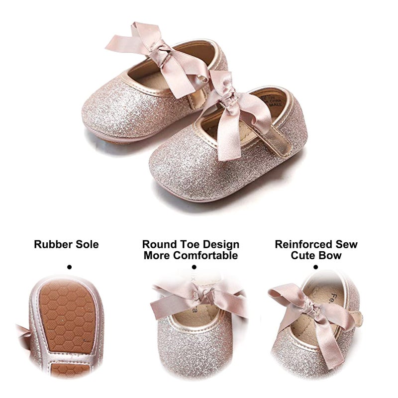 Felix & Flora Infant Baby Girls Shoes Soft Rubber Sole Princess Dress Shoes Baby Walking Shoes(Infant/Toddler)(12-18 Months Infant,Glitter Pink) - Image 4